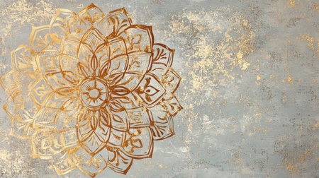 Stunning gold mandala design contrasts beautifully with a soft grey background, creating an inviting and serene atmosphere for any decor.の素材