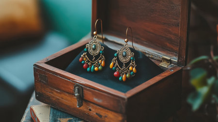 Beautifully designed vintage earrings featuring colorful beads and intricate metalwork, elegantly placed in a wooden jewelry box, showcasing artisan craftsmanship.の素材