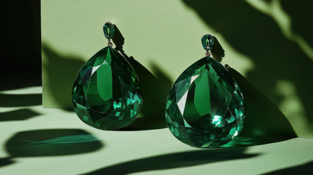 Stunning green gemstone earrings showcase exquisite craftsmanship, reflecting light beautifully against a minimalist background, perfect for fashion enthusiasts.の素材