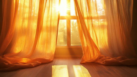 Warm sunlight filters through sheer orange curtains, creating a tranquil atmosphere in a cozy indoor space, perfect for relaxation and inspiration.の素材