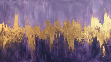 This captivating abstract artwork features rich purple tones contrasted with striking gold accents. Ideal for modern decor, it adds elegance and creativity.の素材