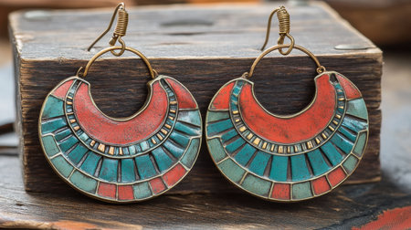 Discover this pair of vintage-inspired earrings featuring a unique geometric design. Perfect for adding a colorful touch to any outfit, these earrings showcase intricate craftsmanship set against a rustic background.の素材