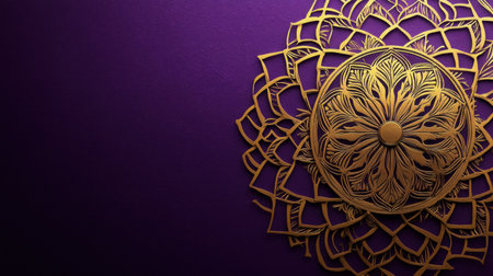 This image features an intricate gold mandala design against a deep purple background, creating an atmosphere of tranquility and elegance, perfect for decor.の素材