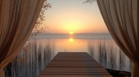 A captivating scene of a peaceful sunrise over a calm lake, featuring a wooden dock framed by soft draped curtains, inviting tranquility and reflection.の素材