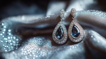 This stunning image features elegant teardrop earrings adorned with a blue gemstone, resting on a soft, shimmering fabric. The perfect accessory for special occasions.の素材