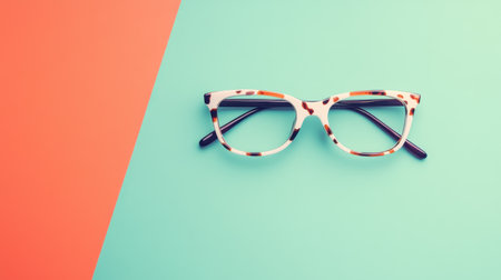 A pair of stylish eyeglasses placed on a pastel background featuring geometric shapes. The design showcases a modern look with bold colors, ideal for fashion enthusiasts.の素材