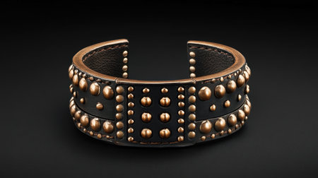 This stunning leather cuff bracelet features metallic studs and rivets, combining elegance with bold design elements, perfect for any fashion enthusiast.の素材