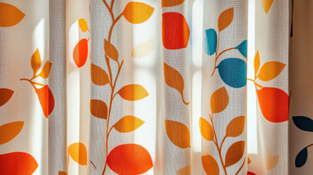Bright and colorful curtains featuring a whimsical floral design with vibrant leaves and fruits create a cheerful atmosphere for any room.の素材