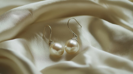 A stunning pair of elegant pearl earrings rests gracefully on soft satin fabric, embodying luxury and timeless beauty, ideal for fashion and jewelry promotions.の素材