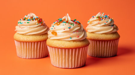 Beautifully crafted vanilla cupcakes topped with creamy frosting and colorful sprinkles, set against a vibrant orange backdrop, perfect for celebrations.の素材