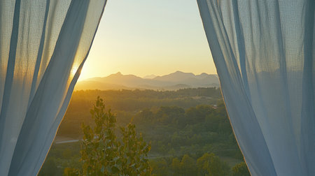 A breathtaking sunrise captured through sheer white curtains, revealing rolling hills and lush greenery bathed in soft morning light, creating a tranquil scene.の素材