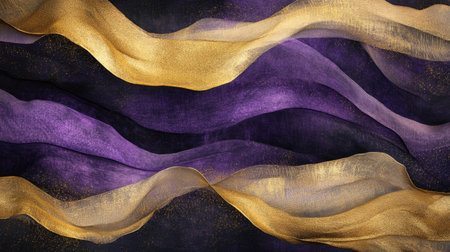 This image features elegant waves of fabric in rich gold and purple tones. The smooth textures create a luxurious backdrop ideal for various design applications.の素材