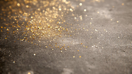 Close-up of sparkling gold glitter scattered on a dark surface, creating a festive atmosphere ideal for celebrations, crafts, and creative designs.の素材