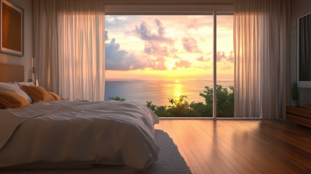 This image captures a cozy bedroom with an expansive ocean view at sunset, featuring warm tones and soft textiles that create a tranquil atmosphere.の素材