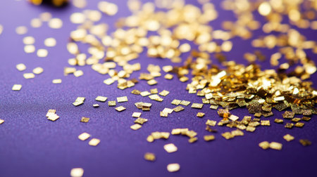 A captivating image showcasing shimmering gold confetti scattered on a rich purple background. Perfect for celebrating events, parties, and festive occasions.の素材