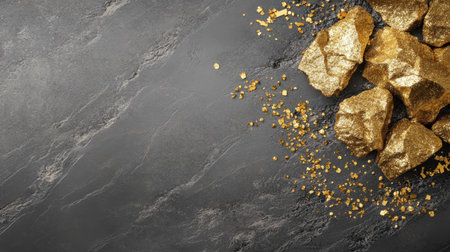 This captivating image features golden rock fragments and shimmering dust spread across a dark textured surface, ideal for various creative projects.の素材