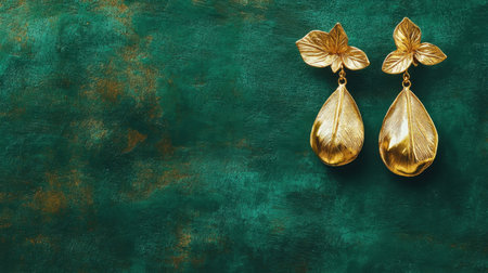 Discover these elegant golden leaf earrings showcased against a textured green background, perfect for fashion and jewelry marketing, highlighting luxury and craftsmanship.の素材