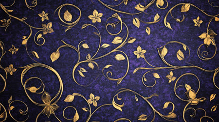 This image features an elegant floral pattern in gold on a deep purple background, ideal for various design applications, including wallpapers and textiles.の素材
