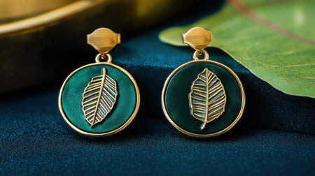 Discover these elegant round earrings showcasing intricate leaf designs set against a rich green background, perfect for any jewelry collection.の素材