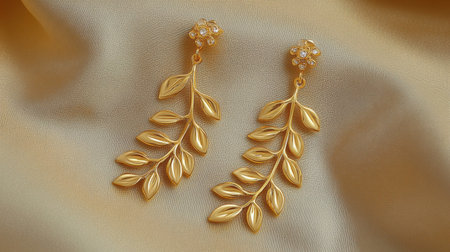 These elegant gold earrings feature a stunning leaf design accented with sparkling gems, beautifully set against a soft satin fabric background, perfect for any occasion.の素材