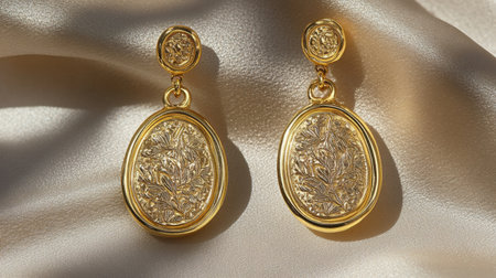 Stunning gold earrings featuring an intricate floral design, set against a soft silk background, perfect for adding elegance and charm to any outfit.の素材