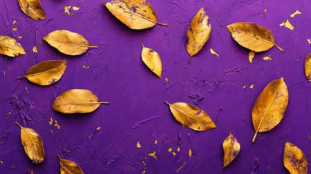 This vibrant image features scattered golden leaves against a rich purple background, perfect for autumn-themed projects, designs, and creative inspirations.の素材