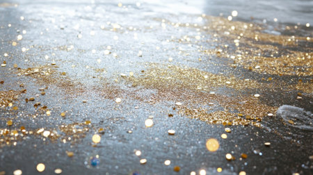 A stunning close-up of glitter particles scattered on a wet surface, capturing the dance of light and reflections creating a dreamlike ambiance.の素材