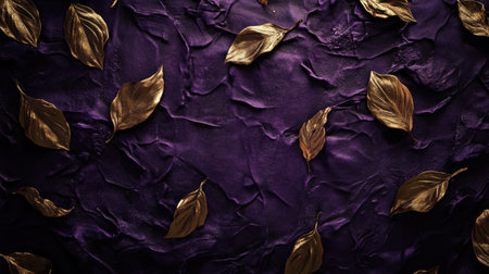 A stunning arrangement of gold leaves scattered on a dark purple textured surface creates an elegant and luxurious backdrop, perfect for artistic projects.の素材