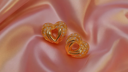 Discover a stunning pair of heart-shaped earrings elegantly displayed on soft pink satin, featuring intricate designs and sparkling accents perfect for any occasion.の素材