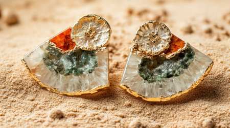 Discover stunning geode-inspired earrings featuring natural stones and striking gold accents, perfect for enhancing any outfit with elegance and style.の素材