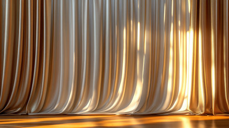 This image features soft draped fabric in warm tones, illuminated by gentle sunlight, creating a serene and elegant indoor atmosphere perfect for various design projects.の素材