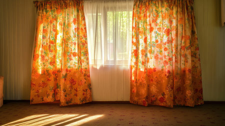 A charming interior scene featuring vibrant floral curtains elegantly framing a window, creating a serene atmosphere filled with warm, gentle light.の素材