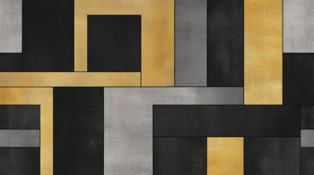This image features an abstract geometric composition with a combination of black, grey, and gold tones, ideal for modern design projects.の素材