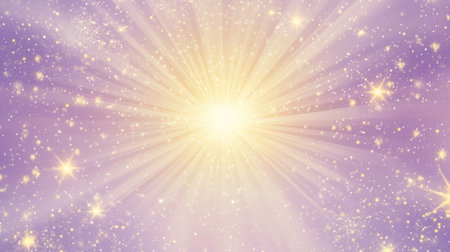 This stunning image features a radiant light burst amidst a soft purple background filled with sparkling stars, perfect for creating a dreamy and mystical atmosphere.の素材