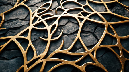 This stunning abstract artwork features interwoven golden branches set against a dark stone background, creating a beautiful contrast and elegant visual appeal.の素材