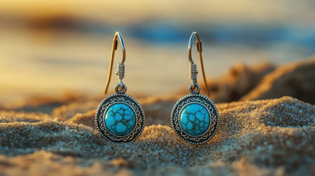 This stunning image features beautiful turquoise earrings resting on soft sandy beach. The intricate designs and sunset backdrop create a serene and elegant atmosphere.の素材