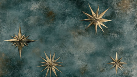 This captivating image features decorative star motifs in gold against a textured teal background, perfect for design projects seeking elegance and creativity.の素材
