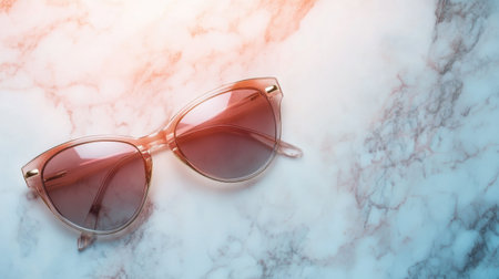 A pair of stylish cat-eye sunglasses rests on a sleek marble surface, capturing soft reflections of light. Perfect for fashion and summer vibes.の素材