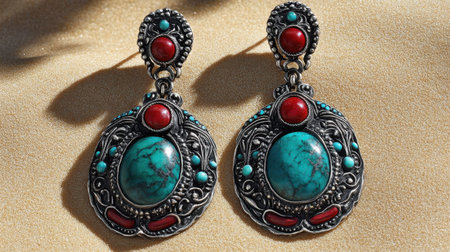 Stunning silver earrings featuring intricate designs with turquoise and red stones, set against a golden sand backdrop, perfect for fashion lovers.の素材