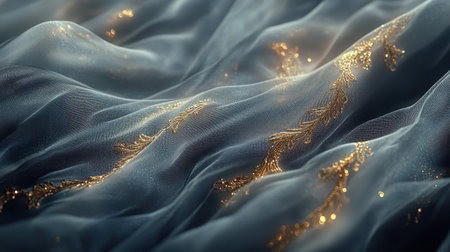 This stunning image features elegant sheer fabric adorned with intricate gold embroidery, creating a luxurious and artistic texture under soft light.の素材