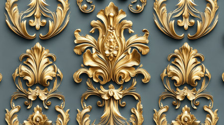 This stunning ornate gold floral pattern features intricate designs on a soft gray backdrop, perfect for enhancing elegant interiors and luxurious spaces.の素材