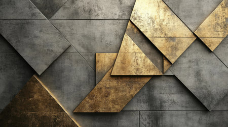 This abstract geometric wall design features a contemporary mix of golden and gray textures that adds elegance to modern interior spaces. Ideal for artistic displays.の素材