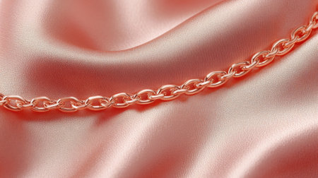 Close-up view of a delicate gold chain resting on smooth pink silk, creating a rich and luxurious ambiance ideal for fashion and jewelry themes.の素材