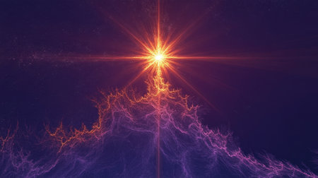 This captivating image features a vibrant cosmic starburst set against a deep purple background, intertwining ethereal light and intricate fractal patterns.の素材
