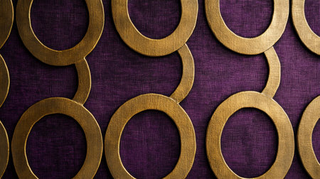 This image showcases an elegant gold circular pattern beautifully contrasted against a rich purple fabric background, perfect for home decor.の素材