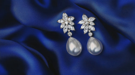 A stunning pair of pearl drop earrings adorned with sparkling diamond accents, elegantly displayed on a rich blue satin background. Perfect for luxury branding.の素材