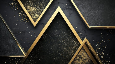 This striking image showcases an elegant geometric design featuring gold accents on a textured black background, ideal for luxury and modern themes.の素材