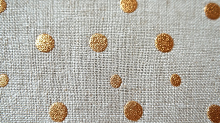 This image showcases a close-up view of luxurious gold foil polka dots on textured natural fabric, perfect for adding elegance and style to any creative project.の素材