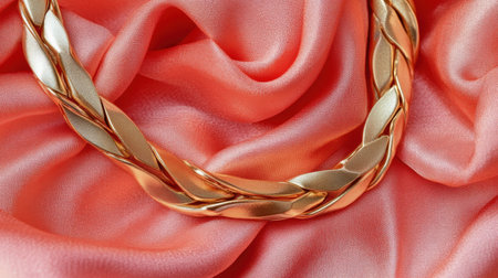 A stunning closeup of an elegant golden necklace delicately placed on soft coral fabric, showcasing intricate design and luxurious appeal for jewelry lovers.の素材