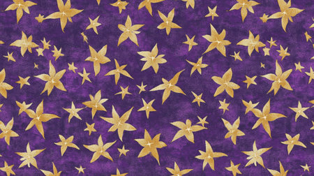 This vibrant fabric pattern features golden stars scattered across a deep purple background, perfect for various creative projects and festive designs.の素材
